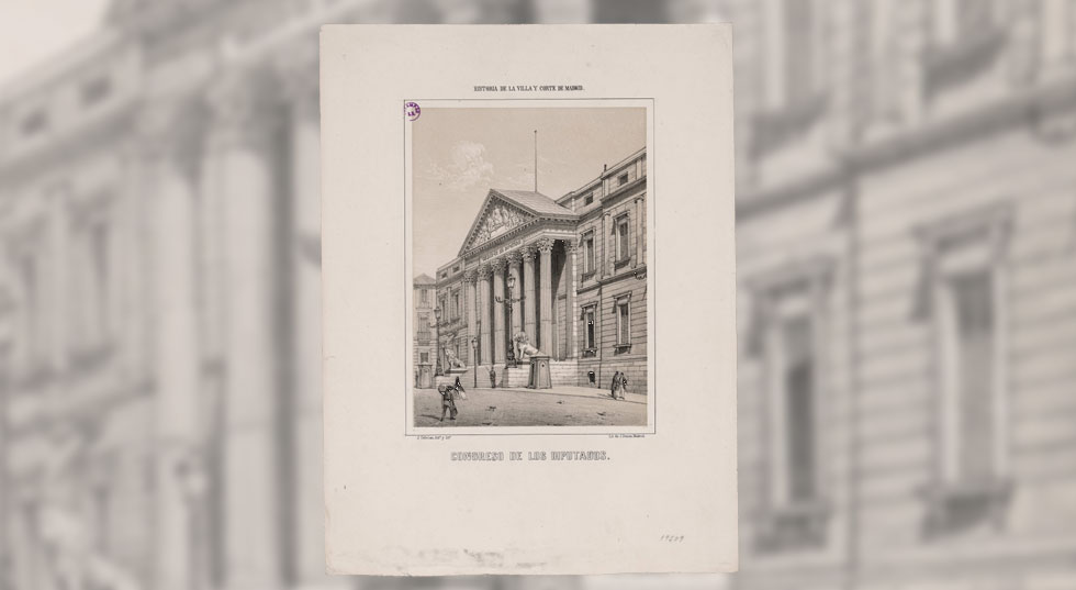 Ayer y hoy: Los leones del Congreso en 1864, litografía en la ‘Historia de la Villa y Corte’